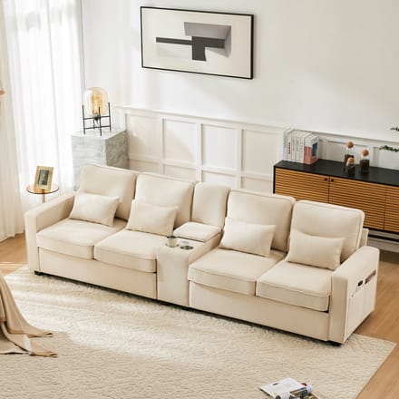 MODFU 4-Zits Sofa - Met Console En USB-Aansluiting - Modern - Voor Woonkamer - Linnen - Beige