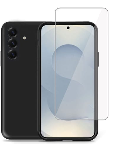 Technow hoesje + Screenprotector geschikt voor Samsung S25 Plus – Tempered Glass - Liquid Back Case Cover Zwart