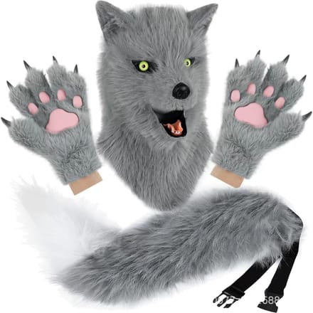 Ensemble tête d'animal en peluche, griffes et queue, accessoire de cosplay pour conventions d'anime. One size fits all adults gris