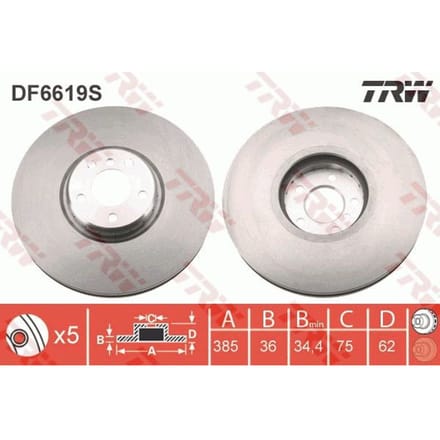Remschijf TRW DF6619S voorkant, geventileerd, sterk gecarboniseerd, 1 Stuk