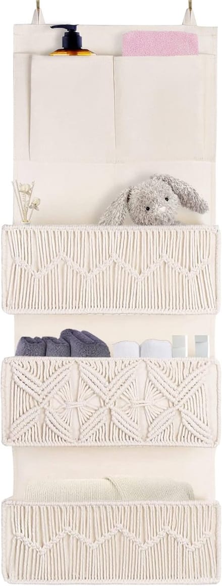 Famanu – Boho macramé over-de-deur organizer met 3 grote geweven zakken, decoratieve hangende opbergruimte