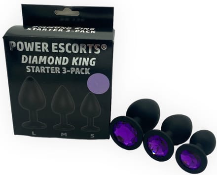 Power Escorts Diamond King Starter 3-Pack Silicone plug set Zwart met paarse steen - BR136