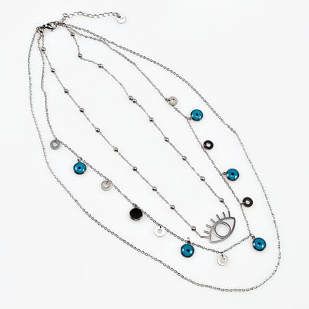 3 Lagen Ketting Dames - RVS Zilverkleur - Multilager Collier -Halskettingen met Turks Oog