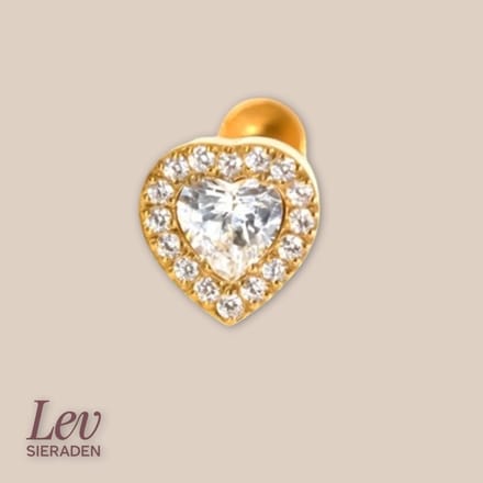 Lev Sieraden - Goud kleur Hart Titanium Push Pin Labret piercing met steen
