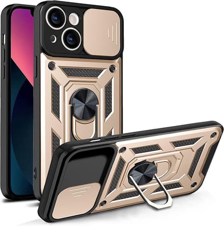 Hoesje geschikt voor iPhone 15 Plus met Ringhouder en Camera schuifje - Arara backcover - Goud