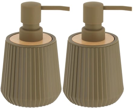 Tendance zeeppomp striped - 2x - groen - 250 ml - D8 x H15 cm - rubber/bamboe - zeep dispenser