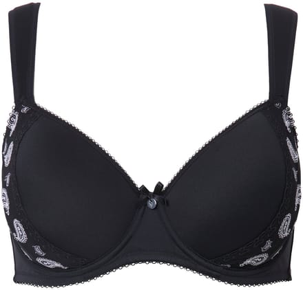 Ulla Popken - Dames - Beugelbeha paisley-patroon spacercups - Zwart - Maat 95D