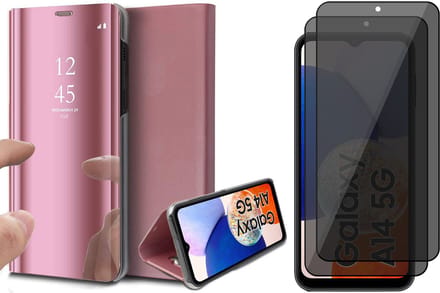 Hoesje geschikt voor Samsung Galaxy A14 - 2x Privacy Screen Protector FullGuard - Book Case Spiegel Roségoud & Screenprotector