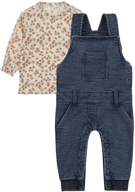 Dirkje - Basic Collection - BIO COTTON - Tuinbroek Blauw - Shirt Offwhite met bloemen - Maat 86