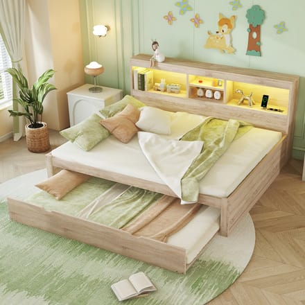 MODFU Bedframe 140x200 cm – naturel – daybed met uittrekbaar bed (90x190 cm), LED en USB