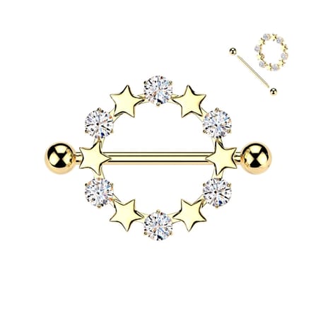 Tepelpiercing ster en steen schild 1.6x14 - goud - LMPiercings