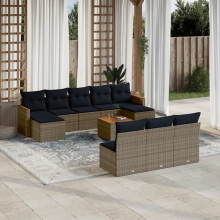vidaXL - 11-delige - tuinbankset - met - kussens, - grijs - polyrotan