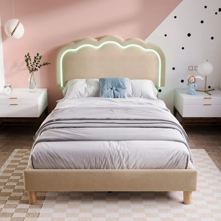 STILVORA Gestoffeerd Bed 90x200 cm – Bedbodems met LED Hoofdbord – Compact en Stabiel – Linnen – Beige