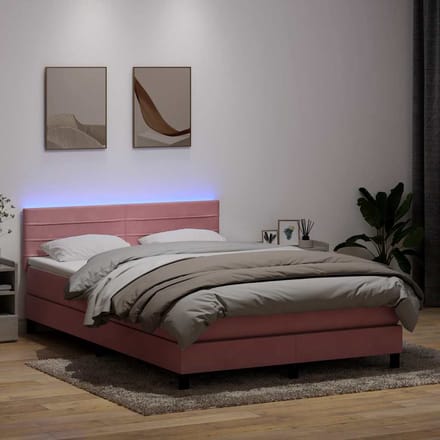 vidaXL - Boxspring - met - matras - en - LED - fluweel - roze - 160x210 - cm