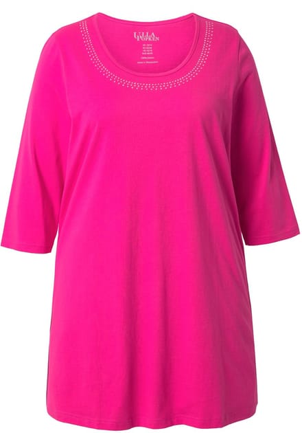Ulla Popken - Dames - Longshirt studs A-lijn ronde hals 3/4-mouwen - Roze - Maat 42+