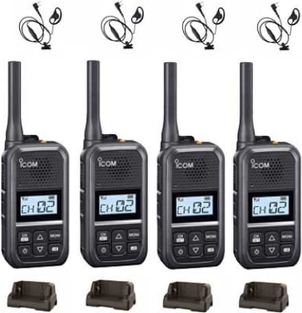 Set van 4 Icom IC-U20SR IP54 mini Portofoon met tafel lader en D-shape oortje
