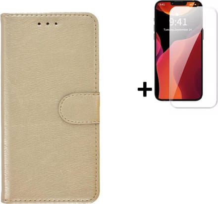 Geschikt voor iPhone 14 Plus Hoesje - Bookcase - iPhone 14 Plus Screenprotector - Pu Leder Wallet Book Case Goud Cover + Screenprotector