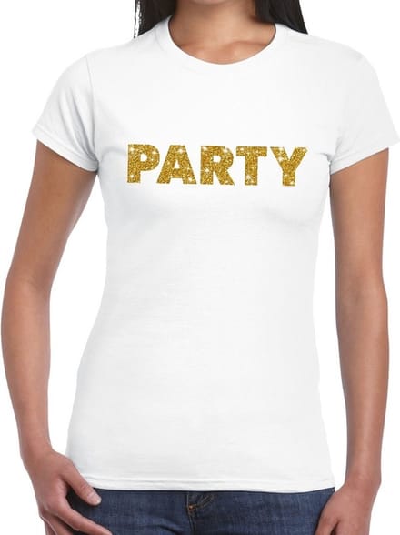 Party goud glitter tekst t-shirt wit voor dames XS