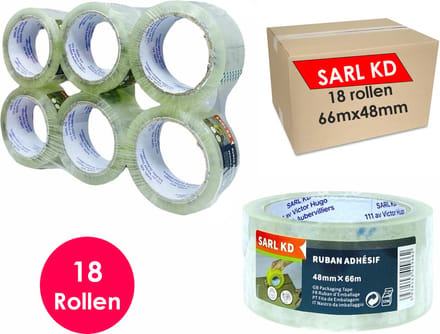 Verpakkingstape - 18 rollen - Transparant - PP Plakband - 66mx48mm - Polypropylene tape - SARL KD®