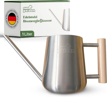 SnelShoppen - Roestvrijstalen gieter 1 liter met houten handvat, stijlvolle bloemengieter voor tuin, balkon en interieur, extra stabiel en perfect uit