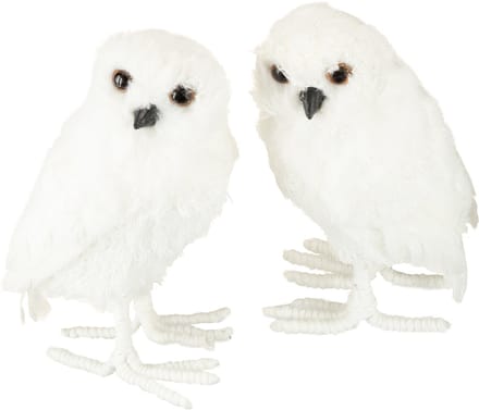 Decoratieve sneeuwuil, wit met vacht en veren, 15,5 cm, 2 stuks