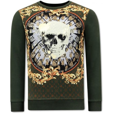 Heren Sweater met Print - Skull Strass - 3796 -Groen
