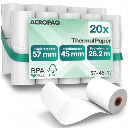 ACROPAQ - 20 x Pinrollen 57x45 mm - 26 meter - Thermisch papier BPA-vrij - Kassarollen voor betaalterminal