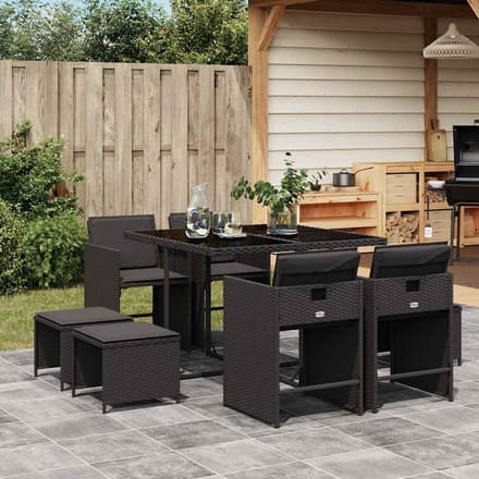 Vidaxl 9-Cz. Tuinmeubelset Met Kussens, Zwart, Pe Rotan