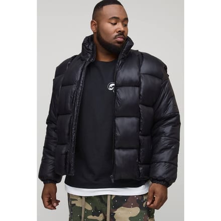 Plus High Shine Weft Oversized Funnel Neck Puffer Jacket | Black | Size 2XL