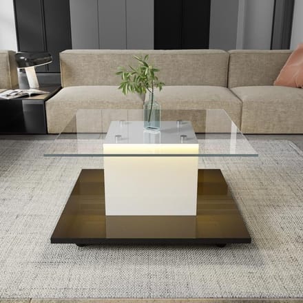 Salontafel - MUVOE - Rechthoekig - Gehard glas - Verstelbare LED - Zwenkwielen wit