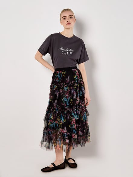 Floral Tiered Tulle Midi Skirt