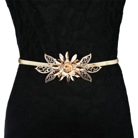 Ceinture à chaîne en métal doré pour femmes, embellissement de fleurs, sangle de taille élastique or