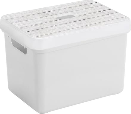 Sunware Opbergbox - wit - 18L - kunststof - met houtkleur deksel - 35 x 25 x 24 cm