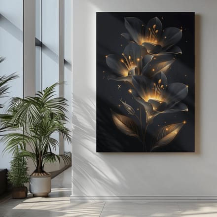 Canvas Schilderij - Gouden Bloemen - Wall Art - 90x60x2 cm