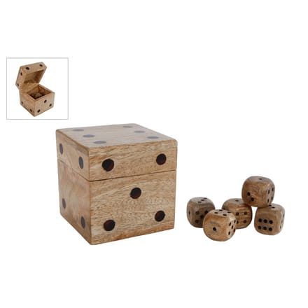 Dobbelsteen opbergdoos hout decoratief met 5 dobbelstenen 9x9x9cm.