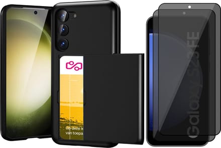 Hoesje met Pasjeshouder geschikt voor Samsung Galaxy S23 FE - 2x Privacy Screen Protector FullGuard - Back Cover SlideCase Zwart & Screenprotector