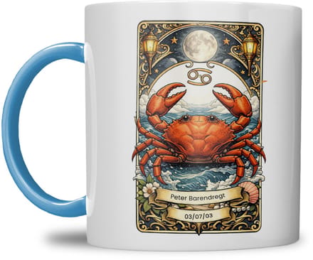 Sterrenbeeld mok - Kreeft - Licht Blauw - Tarot mok - Gepersonaliseerd met naam en datum