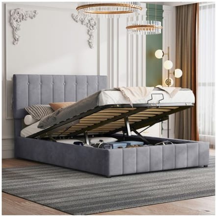 Tweepersoonsbed met opbergruimte - MUVOE - 140x200 cm - Gestoffeerd hoofdbord - Hydraulisch klapmechanisme - Grijs grijs