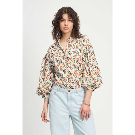 POM Amsterdam Blouse - Poplin Leopard Lush White Größe: 38 | Longsleeves Outlet | Damen | Weiß