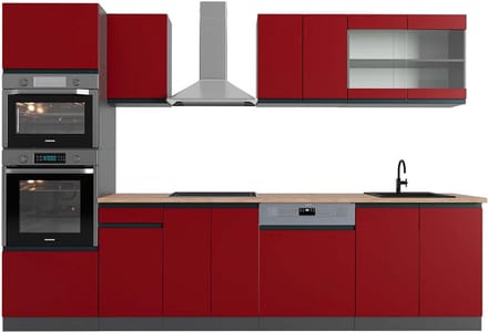Vicco R-Line Complete keukeneenheid – 300 cm met hoge kast, WB Eik Rood/antraciet