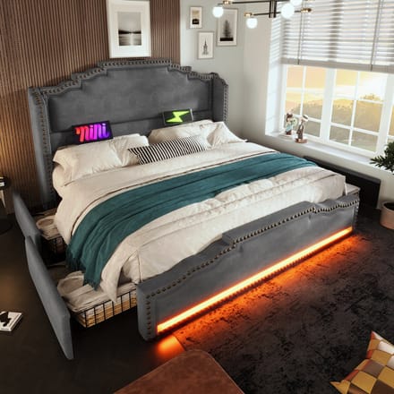 MODFU Bedframe 140x200 cm – Fluweel grijs – Met 4 laden, LED & USB-C – Vintage design
