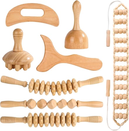 Houttherapie set - Lymfedrainage tools - Lichaamsvorming massage - 8-delige complete set - 28 cm lengte - Houtkleur