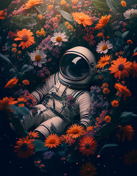 AI - Woondecoratie - Poster - Astronaut - bloemen - 03 - 30 x 40 cm