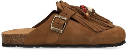 Manfield - Dames - Bruine suède clogs met franjes - Maat 38