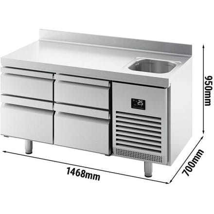 GGM Gastro Kühltisch Premium PLUS - 1468x700mm - mit 1 Becken, 4 Schubladen - Aufkantung