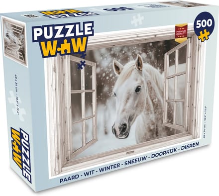 Puzzel Paard - Wit - Winter - Sneeuw - Doorkijk - Dieren - Legpuzzel - Puzzel 500 stukjes