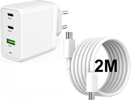 USB-C Adapter 65W met USB-C naar USB-C Oplader Kabel 2 Meter - Snellader