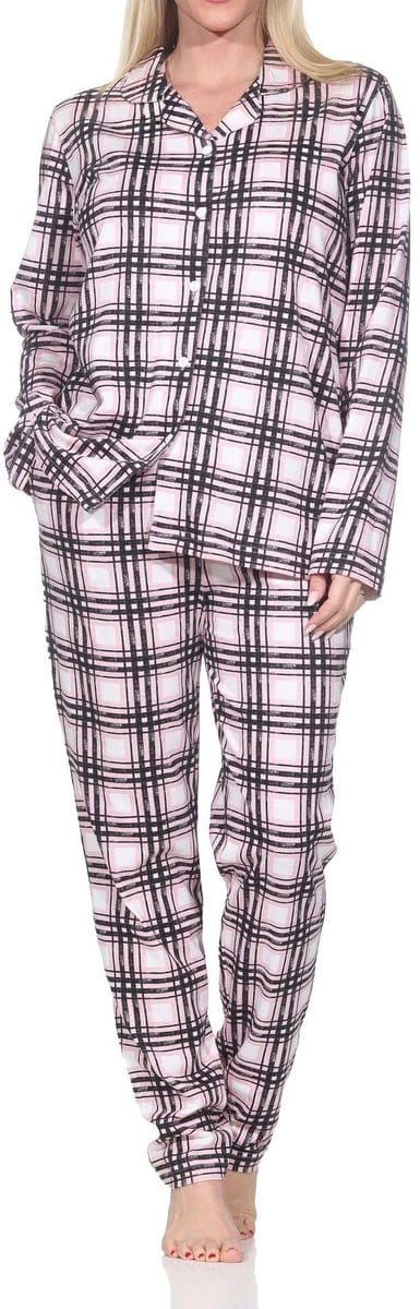 Normann dames jersey pyjama lange mouw knoopsluiting in ruitlook - ook in grote maten