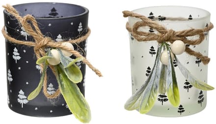 Decoris theelichthouder glas kerst maretak zwart-wit decoratie.