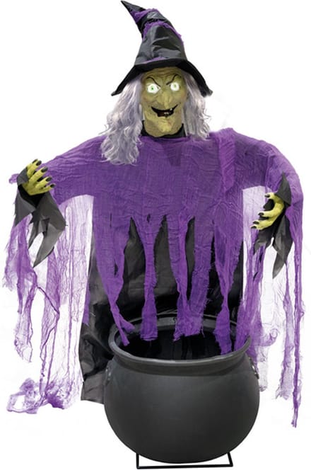 Halloweendecoratie Staand: Heks met Ketel, licht, geluid & beweging (140cm)